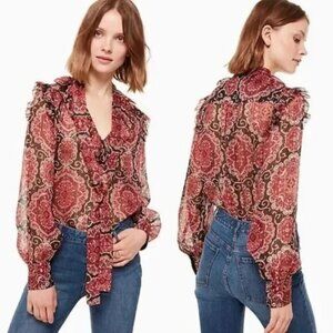 Kate Spade Medallion Metallic Top Fluid Long Sleeve Tie Neck Size Large